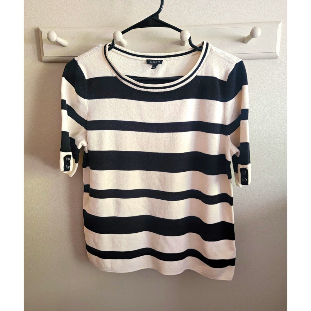 Talbots L Black Ivory Striped S/S Pullover Sweater Crewneck Button Classic Basic